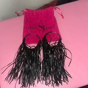Sassy Jones fringe hoop earrings in black leather